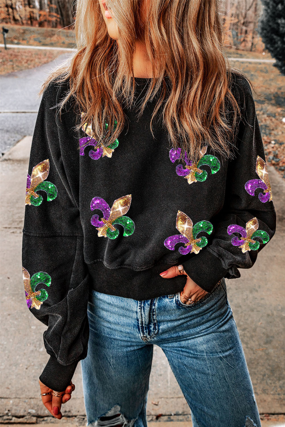 Black Mardi Gras Sequin Fleur De Lis Open Back Sweatshirt