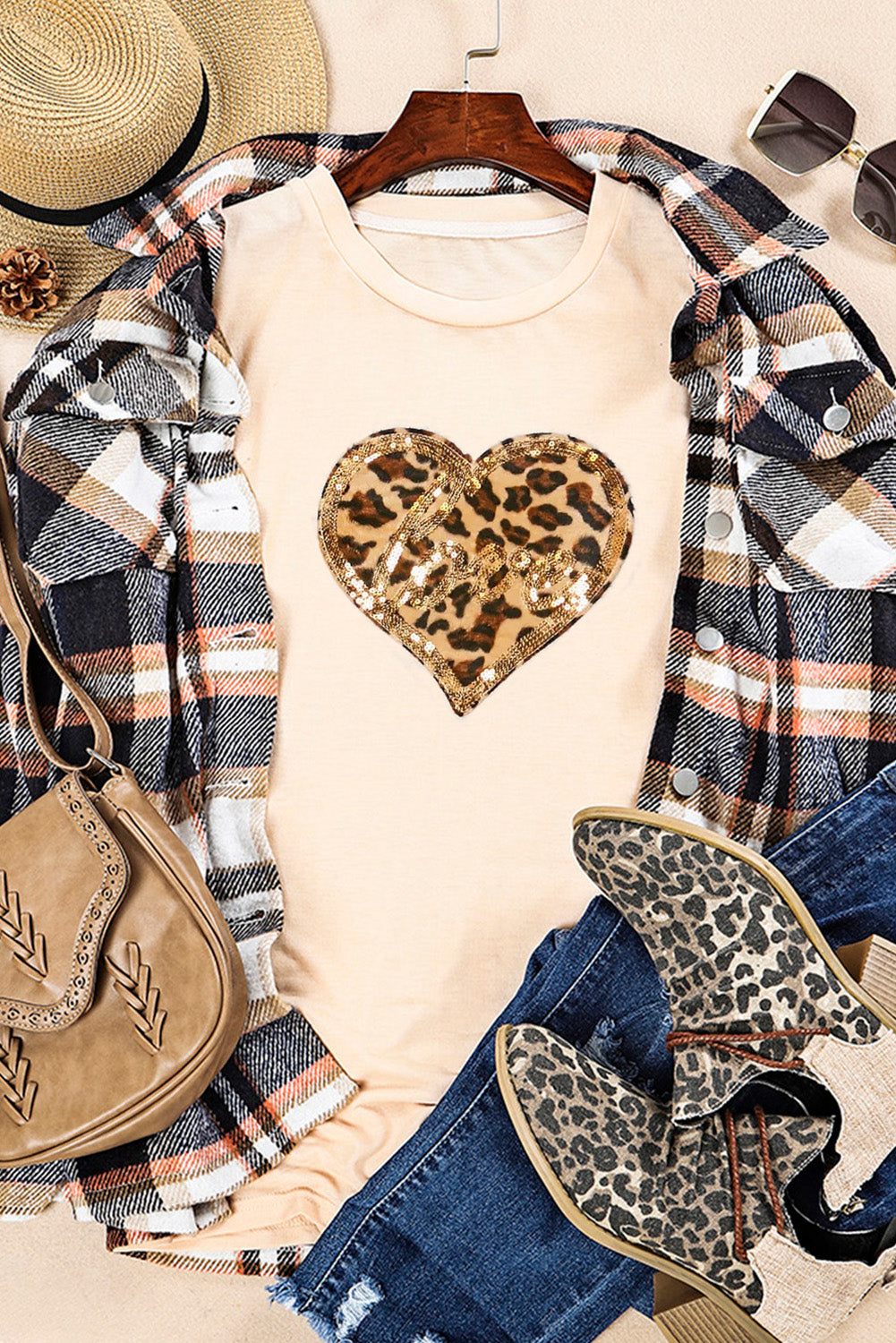 Khaki Sequined Leopard Love Heart Print Crew Neck T Shirt